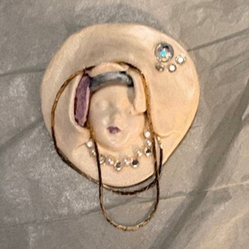 Signed/Numbered Porcelain(?) Vintage Lady Brooch Crystal/Pearl/Gold Chain